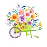 Wheelbarrow with flowers Cute watercolor card stock illustration Wheelbarrow with flowers Cute watercolor card stock illustration