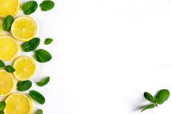 White background with lemon, orange slices and mint. Concept with fresh fruit. Lemon, Orange, Mint. View from above royalty free stock photos White background with lemon, orange slices and mint. Concept with fresh fruit. Lemon, Orange, Mint. View from above royalty free stock photos