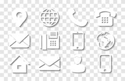 White Contact Info Icon Set with Shadows for Location Pin, Phone, Fax, Cellphone, Person and Email Icons