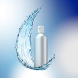 White cosmetic products with water splash on cyan background. Royalty Free Stock Photos White cosmetic products with water splash on cyan background. Royalty Free Stock Photos