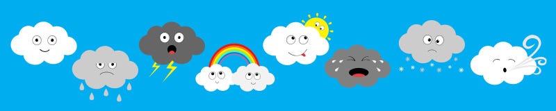 White dark cloud emoji emotion icon set line. Fluffy clouds. Sun, rainbow, rain drop, wind, thunderbolt storm lightning. Cute stock illustration White dark cloud emoji emotion icon set line. Fluffy clouds. Sun, rainbow, rain drop, wind, thunderbolt storm lightning. Cute stock illustration