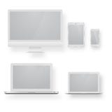 White desktop computer display screen smartphone tablet portable notebook or laptop. vector illustration White desktop computer display screen smartphone tablet portable notebook or laptop. vector illustration