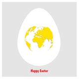 White Easter egg with yellow world map. Planet Earth in form of egg yolk on light gray background with text Happy Easter. Flat Vec royalty free illustration White Easter egg with yellow world map. Planet Earth in form of egg yolk on light gray background with text Happy Easter. Flat Vec royalty free illustration