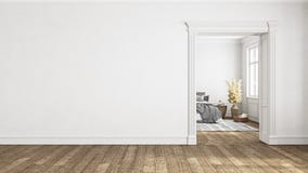 White empty interior with blank wall, door and bedroom.
