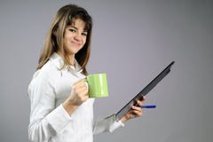 White Girl Learning And Drinking Cup Of Tea Stock Photos