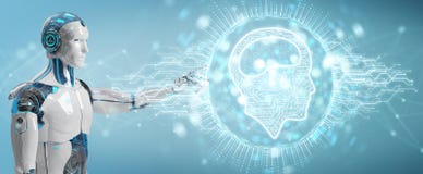 White humanoid using digital artificial intelligence icon hologram 3D rendering vector illustration White humanoid using digital artificial intelligence icon hologram 3D rendering vector illustration