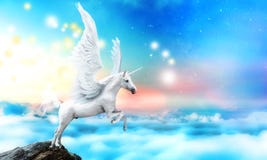 White pegasus unicorn in a cliff high above the clouds