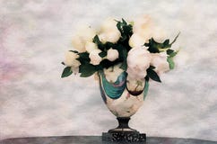 A white peony flower bouquet in a color vase on a white background stock illustration A white peony flower bouquet in a color vase on a white background stock illustration