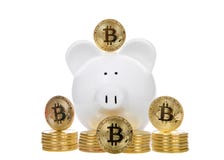 White piggy bank with many bitcoin stacked and standing isolated royalty free stock photo White piggy bank with many bitcoin stacked and standing isolated royalty free stock photo