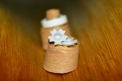 White plastic made objects with wood background photograph. Royalty Free Stock Photos White plastic made objects with wood background photograph. Royalty Free Stock Photos