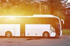 White Tourist Bus For Excursions. The Bus Is Parked In A Parking Lot Near The Park Royalty Free Stock Photo