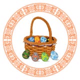Wicker basket with Easter eggs inside and out isolated on a white background. Circular pattern. vector illustration Wicker basket with Easter eggs inside and out isolated on a white background. Circular pattern. vector illustration