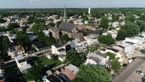 Widok Z Lotu Ptaka Delaware nadbrzeża rzeki biedne miasto Gloucester Nowy - bydło zbiory Widok Z Lotu Ptaka Delaware nadbrzeża rzeki biedne miasto Gloucester Nowy - bydło zbiory