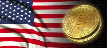 Wiedergabe 3D: Bitcoin-cryptocurrency Münze mit der Staatsflagge von Amerika stock abbildung Wiedergabe 3D: Bitcoin-cryptocurrency Münze mit der Staatsflagge von Amerika stock abbildung