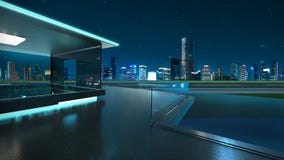 Wiedergabe 3D eines modernen Glasbalkons mit Stadtskylinen lizenzfreie stockbilder Wiedergabe 3D eines modernen Glasbalkons mit Stadtskylinen lizenzfreie stockbilder