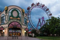 Wiener Riesenrad Ferris wheel in the Prater park, Vienna, Austria, at cloudy dusk royalty free stock photos Wiener Riesenrad Ferris wheel in the Prater park, Vienna, Austria, at cloudy dusk royalty free stock photos