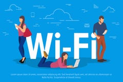WiFi-concepten vectorillustratie Mensen die apparaten voor het verre werken en de professionele groei met behulp van Vlak concept vector illustratie WiFi-concepten vectorillustratie Mensen die apparaten voor het verre werken en de professionele groei met behulp van Vlak concept vector illustratie