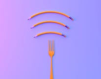Wifi Symbol Creative Idea Layout Made Of Fork With Pencil In Vibrant Bold Gradient Purple And Blue Holographic Colors Background. Stock Photography