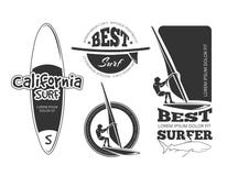 Wijnoogst die vectoretiketten surfen stock illustratie Wijnoogst die vectoretiketten surfen stock illustratie