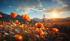 Wildflowers field of poppies.Orange poppy field landscape. beautiful landscape at sunset beneath a blue sky in spring