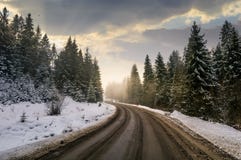 Winding Road Through Winter Spruce Forest Royalty Free Stock Image Winding Road Through Winter Spruce Forest Royalty Free Stock Image
