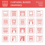 Window curtains, shades line icons. Various room darkening decoration, lambrequin, swag, french curtain, blinds and royalty free illustration Window curtains, shades line icons. Various room darkening decoration, lambrequin, swag, french curtain, blinds and royalty free illustration