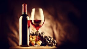 Wine. Bottle and glass of red wine with ripe grapes