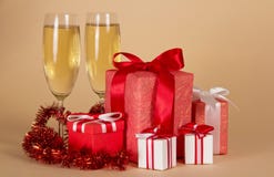 Wine Glasses, Christmas Gifts, Tinsel Royalty Free Stock Photo