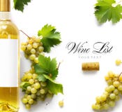 Wine list background; sweet white grapes and wine bottle stock images Wine list background; sweet white grapes and wine bottle stock images