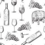 Wine seamless vector pattern. Sketch hand drawn illustration of bottle, glasses, grape vine, barrel, corkscrew. royalty free illustration Wine seamless vector pattern. Sketch hand drawn illustration of bottle, glasses, grape vine, barrel, corkscrew. royalty free illustration