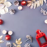 Winter concept flat lay with silver leaves, lantern, candles and hot coffee. Christmas frame background stock photography Winter concept flat lay with silver leaves, lantern, candles and hot coffee. Christmas frame background stock photography