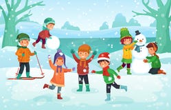 Winter fun for kids. Happy cute children playing outdoors in winters hats. Christmas winter holiday cartoon vector vector illustration Winter fun for kids. Happy cute children playing outdoors in winters hats. Christmas winter holiday cartoon vector vector illustration