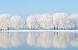 Winter landscape with reflection in the water