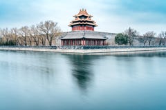 Winter-langsame Tor-Schmierfilmbildung des Eckturms des Palast-Museums in Peking, China stockbilder Winter-langsame Tor-Schmierfilmbildung des Eckturms des Palast-Museums in Peking, China stockbilder