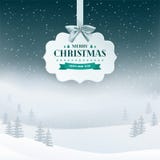 Winter night landscape background with falling snow and trees in the fog. Paper 3D label with silver ribbon and bow. royalty free illustration Winter night landscape background with falling snow and trees in the fog. Paper 3D label with silver ribbon and bow. royalty free illustration