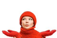 Winter Portrait Of A Beautiful Woman In Red Hat Stock Photo