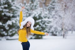 Winter Portrait Of Beautiful Smiling Woman With Snowflakes In White Furs Royalty Free Stock Photo Winter Portrait Of Beautiful Smiling Woman With Snowflakes In White Furs Royalty Free Stock Photo