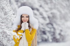 Winter Portrait Of Beautiful Smiling Woman With Snowflakes In White Furs Royalty Free Stock Photos Winter Portrait Of Beautiful Smiling Woman With Snowflakes In White Furs Royalty Free Stock Photos