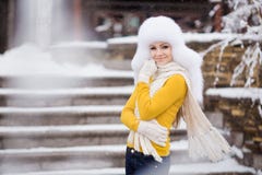 Winter Portrait Of Beautiful Smiling Woman With Snowflakes In White Furs Stock Photography Winter Portrait Of Beautiful Smiling Woman With Snowflakes In White Furs Stock Photography