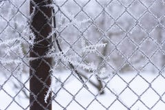 Winter scene of a metal mesh fence royalty free stock images Winter scene of a metal mesh fence royalty free stock images