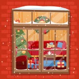 Winternachtszene des Fensters mit Weihnachtsbaum, furnuture, Kranz, Stapel von Geschenken und Haustieren Gemütliche festlich verz lizenzfreie abbildung Winternachtszene des Fensters mit Weihnachtsbaum, furnuture, Kranz, Stapel von Geschenken und Haustieren Gemütliche festlich verz lizenzfreie abbildung