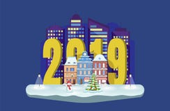 Winterstadtbild mit einem Schneemann- und Weihnachtstannenbaum Neues Jahr 2019 Vektorstadtillustration Grußweihnachtskarte stock abbildung Winterstadtbild mit einem Schneemann- und Weihnachtstannenbaum Neues Jahr 2019 Vektorstadtillustration Grußweihnachtskarte stock abbildung