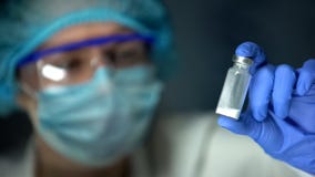 Wissenschaftlerholding Ampule mit wei?em Pulver, illegale Apothekenproduktion, Drogen stockfotografie Wissenschaftlerholding Ampule mit wei?em Pulver, illegale Apothekenproduktion, Drogen stockfotografie
