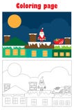 WithSanta de la imagen de la Navidad en el tejado en el estilo de la historieta, página del colorante de Navidad, juego del papel stock de ilustración WithSanta de la imagen de la Navidad en el tejado en el estilo de la historieta, página del colorante de Navidad, juego del papel stock de ilustración