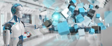 Witte cyborg die het blauwe digitale kubusstructuur 3D teruggeven gebruiken vector illustratie Witte cyborg die het blauwe digitale kubusstructuur 3D teruggeven gebruiken vector illustratie