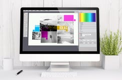 witte werkruimte met computer grafisch ontwerp stock afbeelding witte werkruimte met computer grafisch ontwerp stock afbeelding