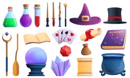 Wizard tools icons set, cartoon style royalty free illustration Wizard tools icons set, cartoon style royalty free illustration