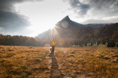 Woman And Dog Outdoors In Autumn Sunrise Social Distancing Stock Photos