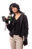Woman with battery drill in black casual clothing royalty free stock image Woman with battery drill in black casual clothing royalty free stock image