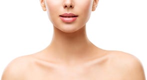 Woman Beauty Skin Care, Model Face Lips Neck and Shoulders on White